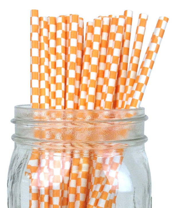 Orange Checkerboard Paper Straws